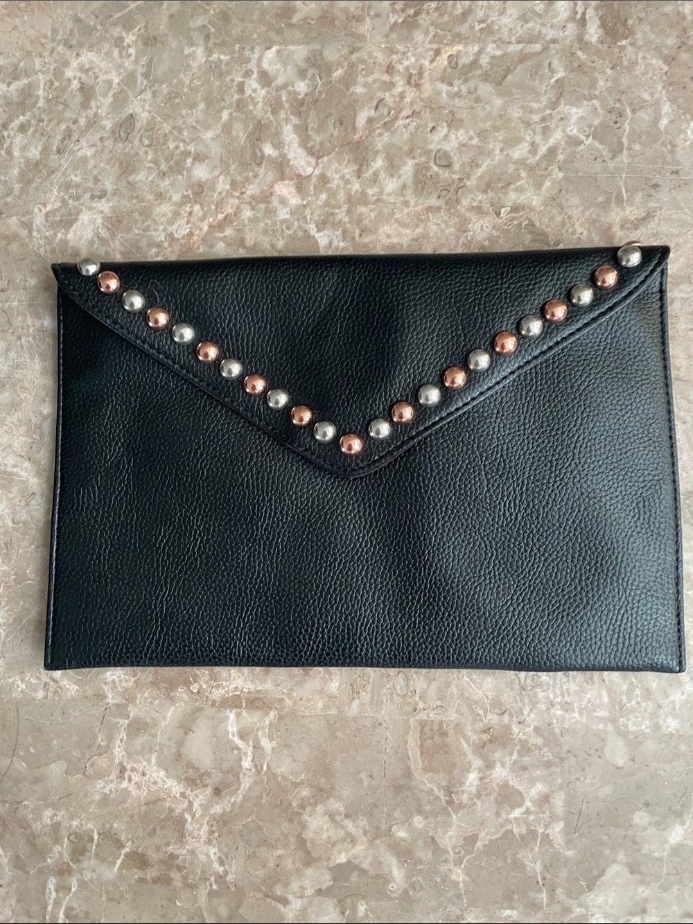 B-Low the Belt Black Envelope Clutch with Silver and Rose Gold Studs